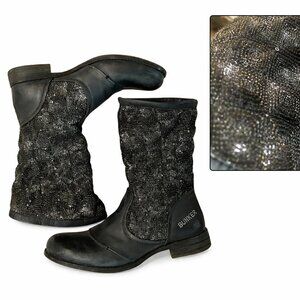 Bunker Black Leather Slouch Boots Size 8.5 Sparkly Lace Moto Biker Edgy Unique